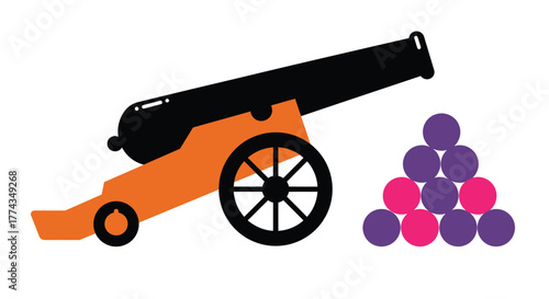 A vintage cannon and colorful cannonballs in a flat vector illustration