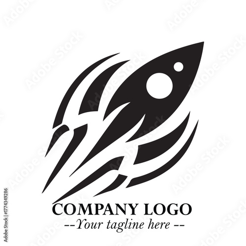 Rocket Logo Symbol in Black on the White Background with Modern Futuristic Space Design