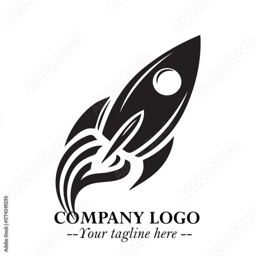 Rocket Logo Symbol in Black on the White Background with Modern Futuristic Space Design