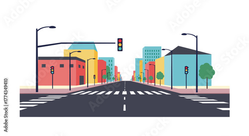 A colorful illustration depicts a straight city street with buildings and lights