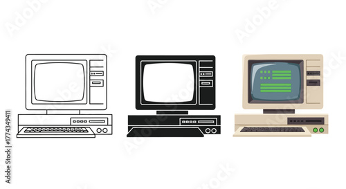 Three vintage computer variations displayed outline solid and color scheme