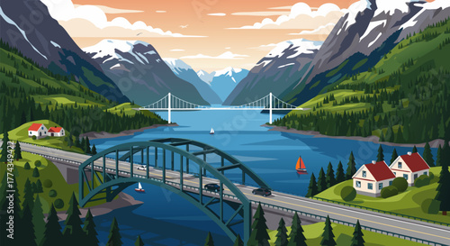 Illustration of a serene mountain fjord, featuring snow-capped peaks, two bridges, calm waters, lush forests, and quaint houses