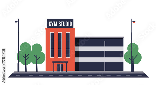 A colorful illustration depicts a gym studio building with trees nearby
