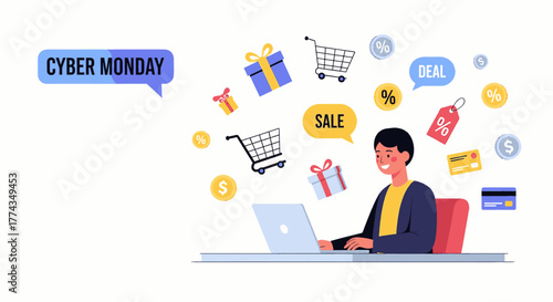 Man enjoying online shopping deals and discounts on his laptop