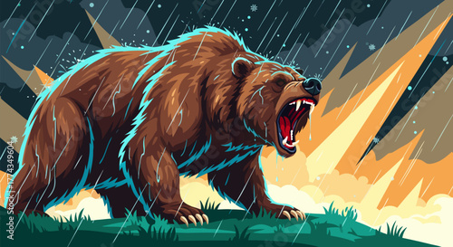 Raging Grizzly Bear in a Storm A Powerful Illustration of Wildlife's Fury Amidst the Elements