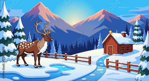 Winter Wonderland A Deer's Cozy Retreat in Snowy Mountains Landscape