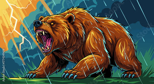 Angry Grizzly Bear Roaring During a Fierce Thunderstorm with Lightning Strikes
