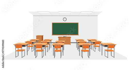 An empty classroom setting with rows of orange desks and a chalkboard