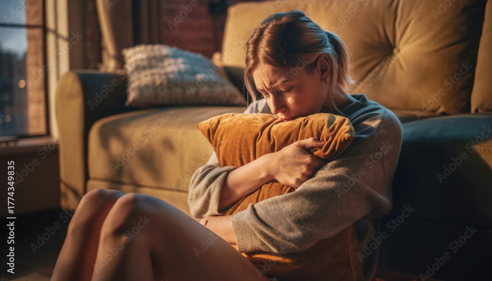 Fototapeta premium Young woman sitting on floor hugging pillow looking distressed indoors