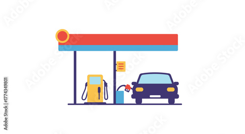 Simple illustration of a car refueling at a gas station canopy