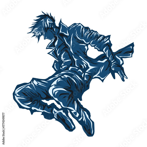 Dynamic blue anime character in a powerful mid-air action pose illustration.