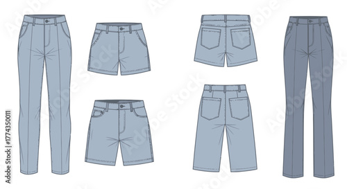 Technical illustration of various denim jean and shorts styles displayed flat
