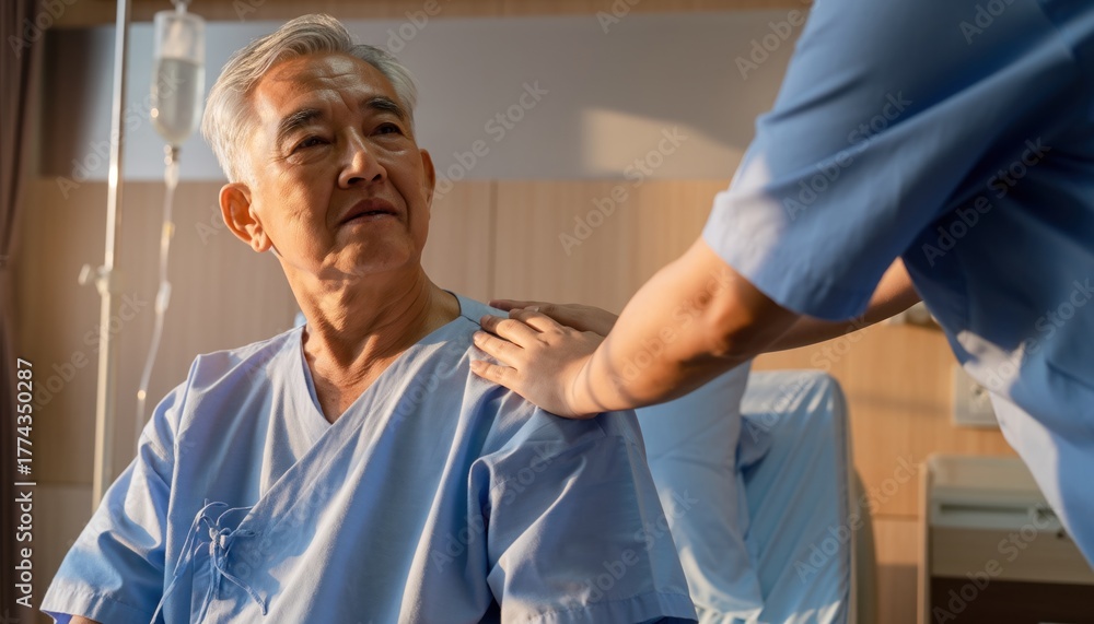 Obraz premium Elderly Asian man in hospital gown receiving care and comfort from a caregiver