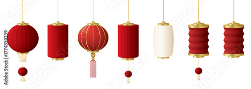  Set of 3D paper lanterns east asian style isolated.