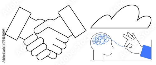 Handshake, brain untangled by hand, cloud in minimal style. Ideal for teamwork, solution finding, innovation, mental clarity, creativity collaboration strategic planning. Simple flat metaphor