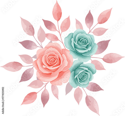 Pink and teal roses with softly colored leaves arrangement
