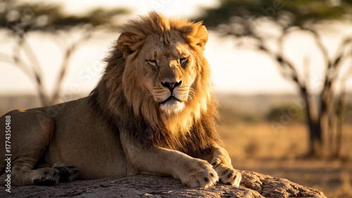 Majestic Male Lion Resting on Rock in Golden Light of African Sunset