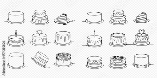 A collection of continuous line art drawings depicting various cakes and cake slices, including plain, frosted, and decorated designs.