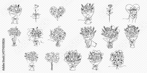 A collection of hand-drawn line art illustrations featuring various flower bouquets and arrangements, including single roses and a heart shape.