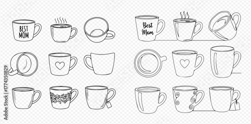 Collection of hand-drawn coffee and tea mugs in various styles, including steaming beverages and decorative elements.