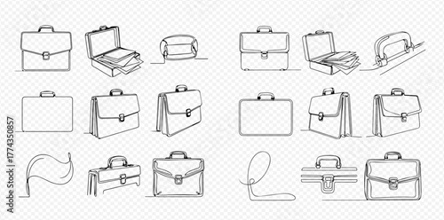 Set of hand-drawn briefcases in various poses and perspectives, continuous line art style.