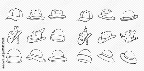 Hand-drawn outline sketch collection featuring a variety of headwear, including baseball caps, fedoras, cowboy hats, beanies, and sun hats.