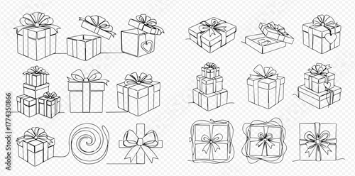 Continuous line art illustration set featuring various gift boxes, bows, and wrapped presents for celebrations.