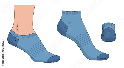 Illustration of a blue low cut athletic sock with design details