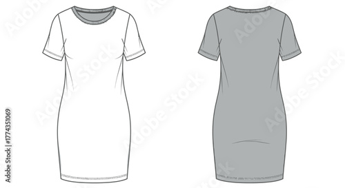 Simple t shirt dress fashion sketch front and back views illustrated