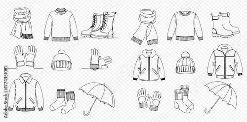 Hand-drawn outline set of various winter clothing and accessories for cold weather, including scarves, sweaters, boots, gloves, hats, jackets, socks, and umbrellas.