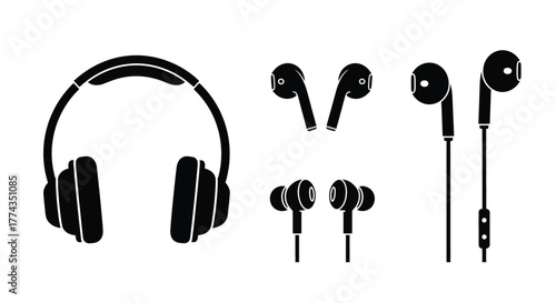 Various types of headphones and earbuds in a black and white design