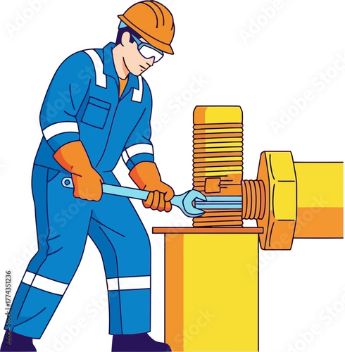 skilled industrial worker tightening bolt with wrench, ensuring machinery operations smoothly