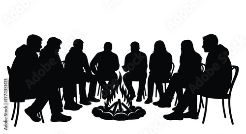 A group of people silhouetted around a glowing campfire at night