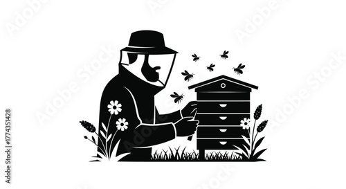 A beekeeper tending to a beehive with bees flying around him