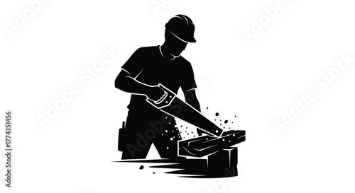 Silhouetted construction worker using a handsaw on lumber detailed vector illustration