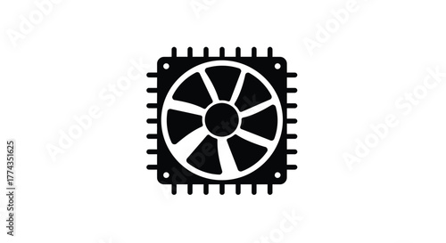 Black and white icon of a computer cooling fan and heatsink