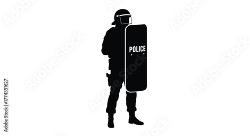 Silhouette of a police officer standing with a riot shield