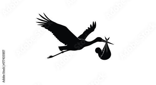 A silhouette of a stork carrying a bundled baby in its beak