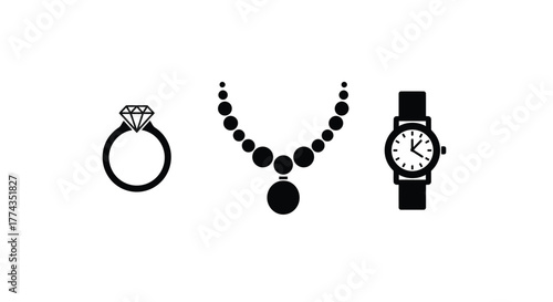 Simple black and white icons depicting jewelry and timekeeping objects