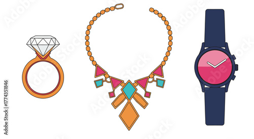 Stylized illustration depicting a diamond ring necklace and modern smartwatch