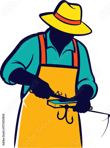 focused fisher sharpening the steel, preparing for the grand adventure outdoors