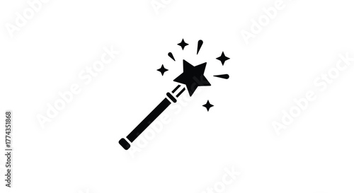 Simple black and white illustration of a magic wand with sparkling star