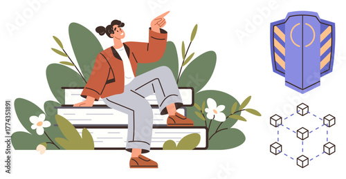 Woman sits on stacked books, gesturing forward, surrounded by plants. Accompanied by shield symbol and blockchain nodes. Ideal for education, security, blockchain, innovation, knowledge sharing