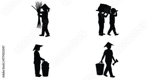 Silhouettes of people carrying items on their heads and shoulders