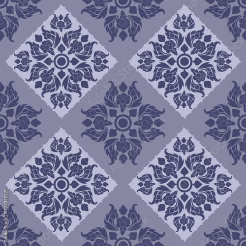Tableau sur toile Elegant vector collection of Thai traditional floral patterns (Lai Thai) in a sophisticated purple and lilac color palette