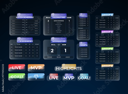 Football league glassmorphism UI with dark background, glowing panels, and match scoreboard, team stats, and live notification elements for sports app design.