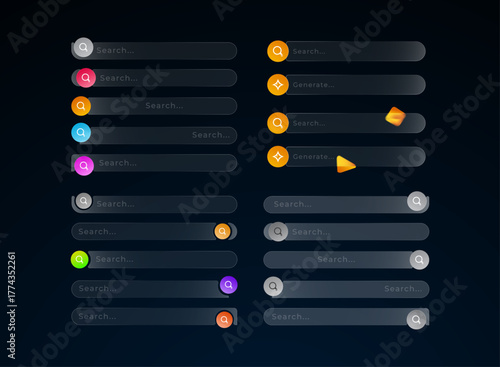 Glassmorphism search and generate bar UI elements with glowing colorful buttons and transparent fields for modern web or app interface design.