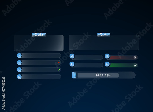 Glassmorphism quiz interface UI pack with glowing blue transparent buttons, multiple choice answers, and progress bar for modern app or game design.