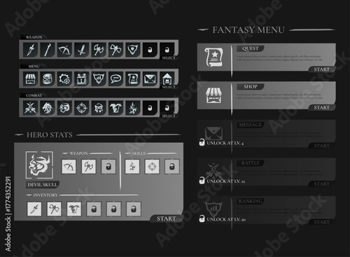 RPG fantasy menu interface with hero stats, weapon selection, skill icons, and unlock level system in dark minimalist design.