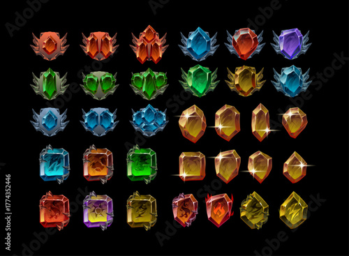 Fantasy RPG crystal badge and gem rank collection featuring colorful stones and winged frames in red, blue, green, yellow, and purple for reward or ranking design.